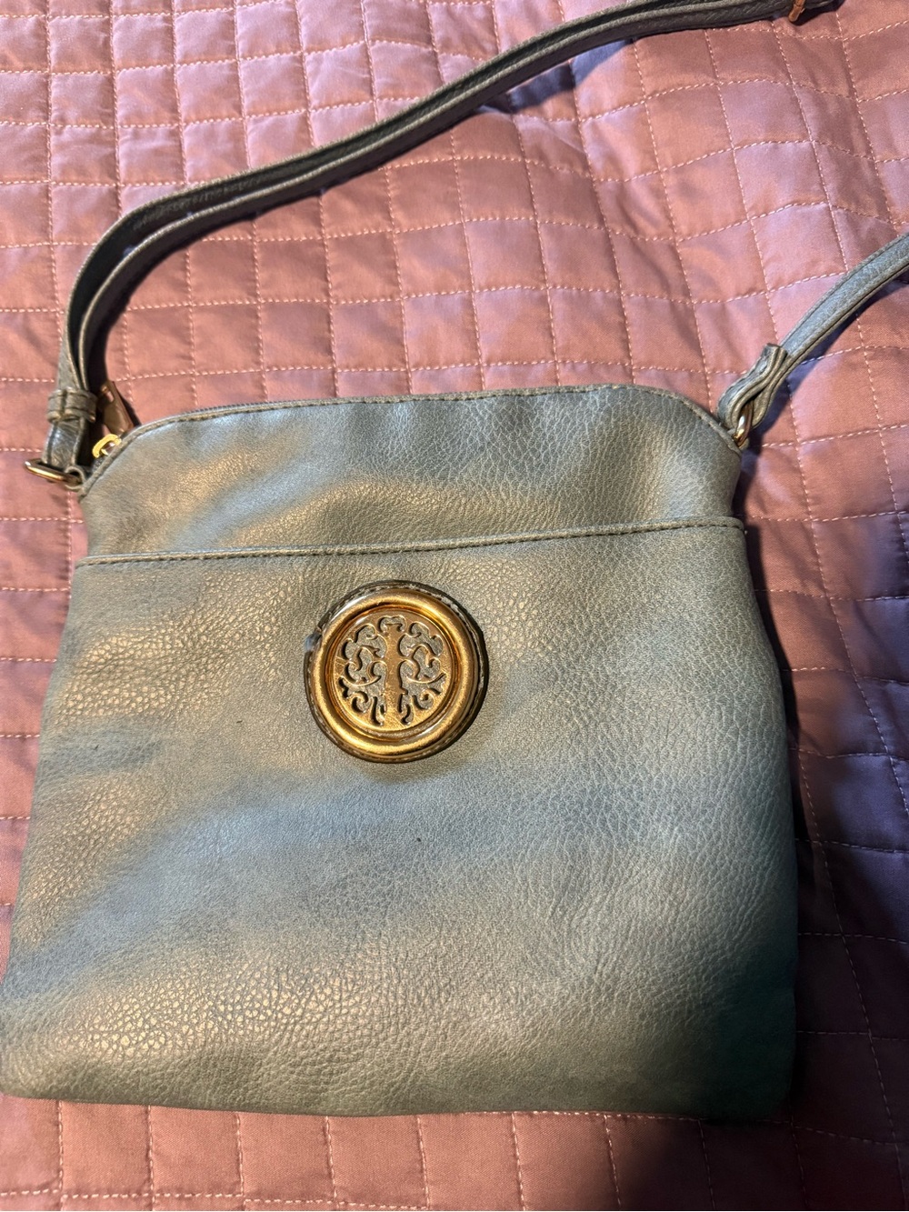 Tory Burch Teal Pebbled Leather Crossbody with Gold Logo Medallion